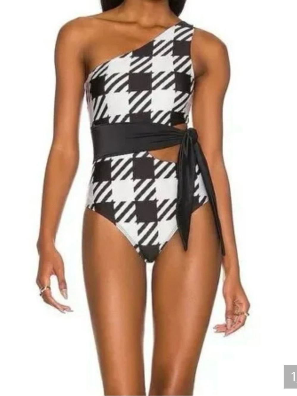 Beach Riot Black & White One-Shoulder One-Piece Swimsuit with Waist Tie size sma